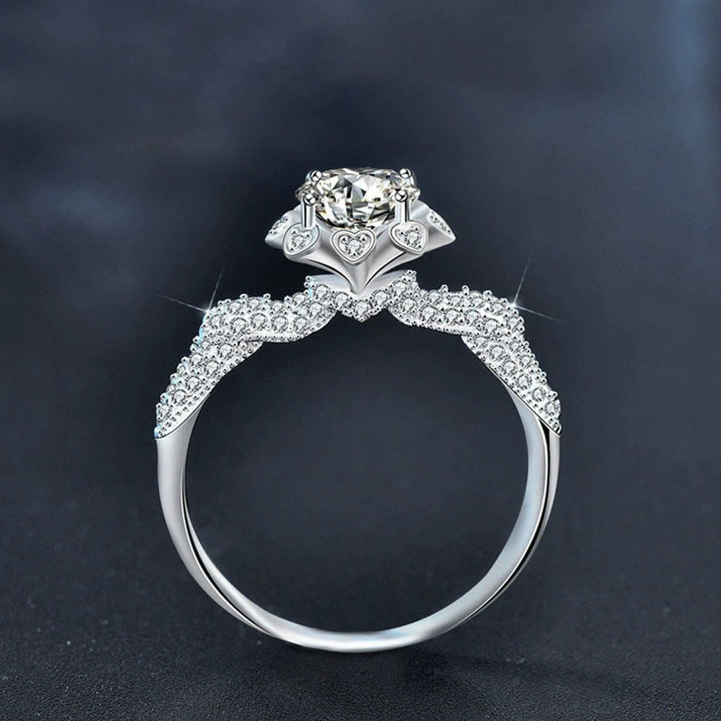 Floral Halo Round Moissanite Engagement Ring with CZ close-up detail view with moissanite sparkle