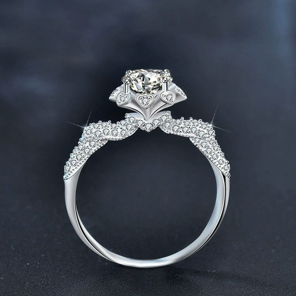 Floral Halo Round Moissanite Engagement Ring with CZ close-up detail view with moissanite sparkle