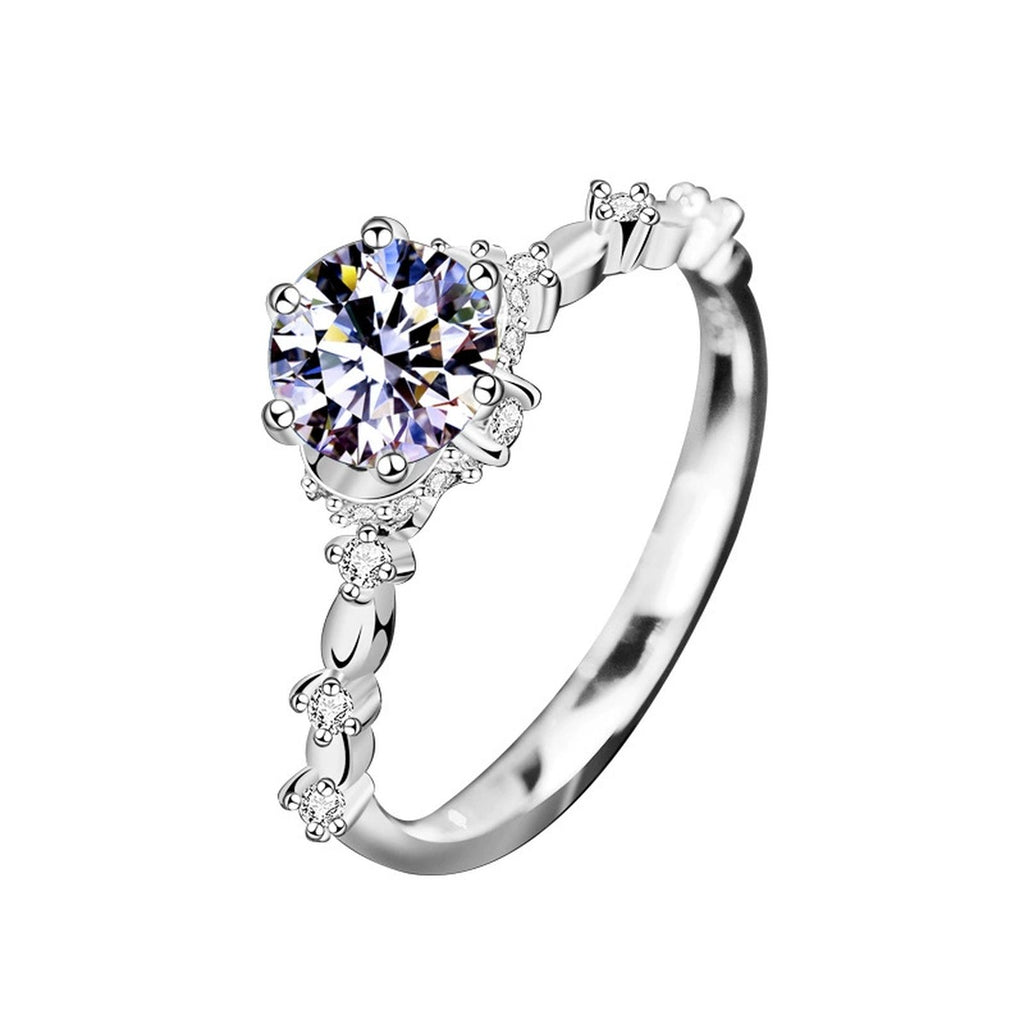 Six-Prong Round Moissanite Engagement Ring with CZ in white gold-plated S925 sterling silver on clean white background