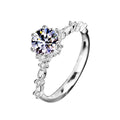 Six-Prong Round Moissanite Engagement Ring with CZ in white gold-plated S925 sterling silver on clean white background