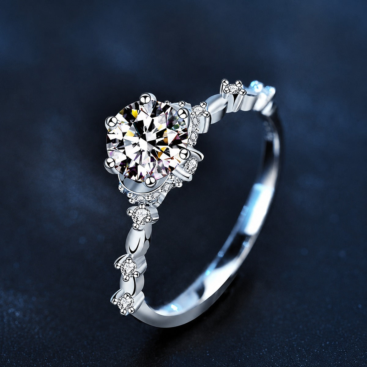 Six-Prong Round Moissanite Engagement Ring with CZ product view showing moissanite setting and metal finish