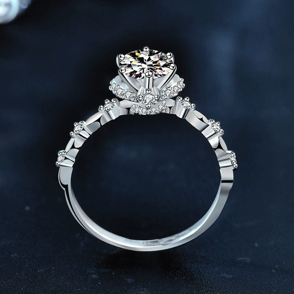Six-Prong Round Moissanite Engagement Ring with CZ product view showing moissanite setting and metal finish