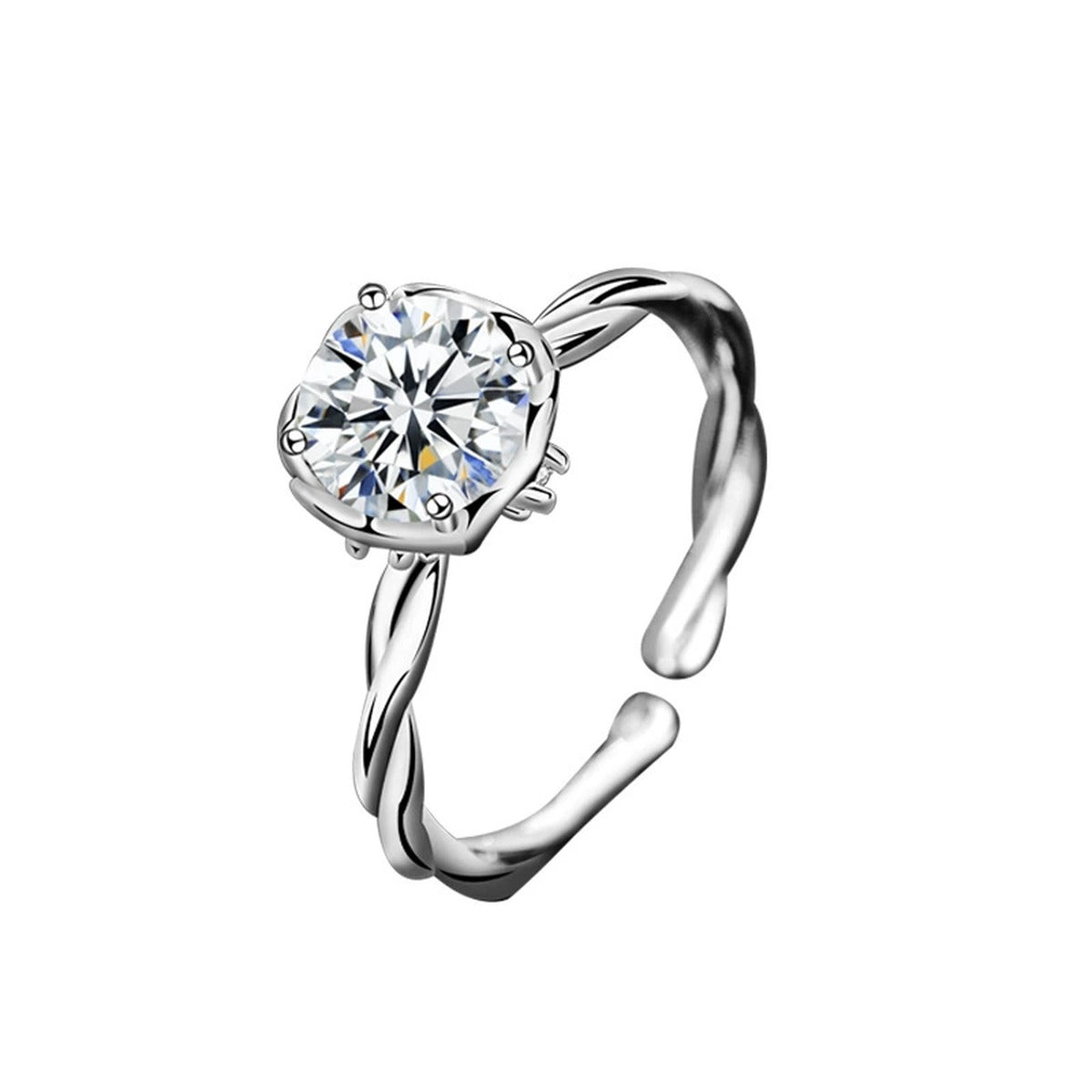 Twist Band Round Moissanite Adjustable Engagement Ring in white gold-plated S925 sterling silver on clean white background