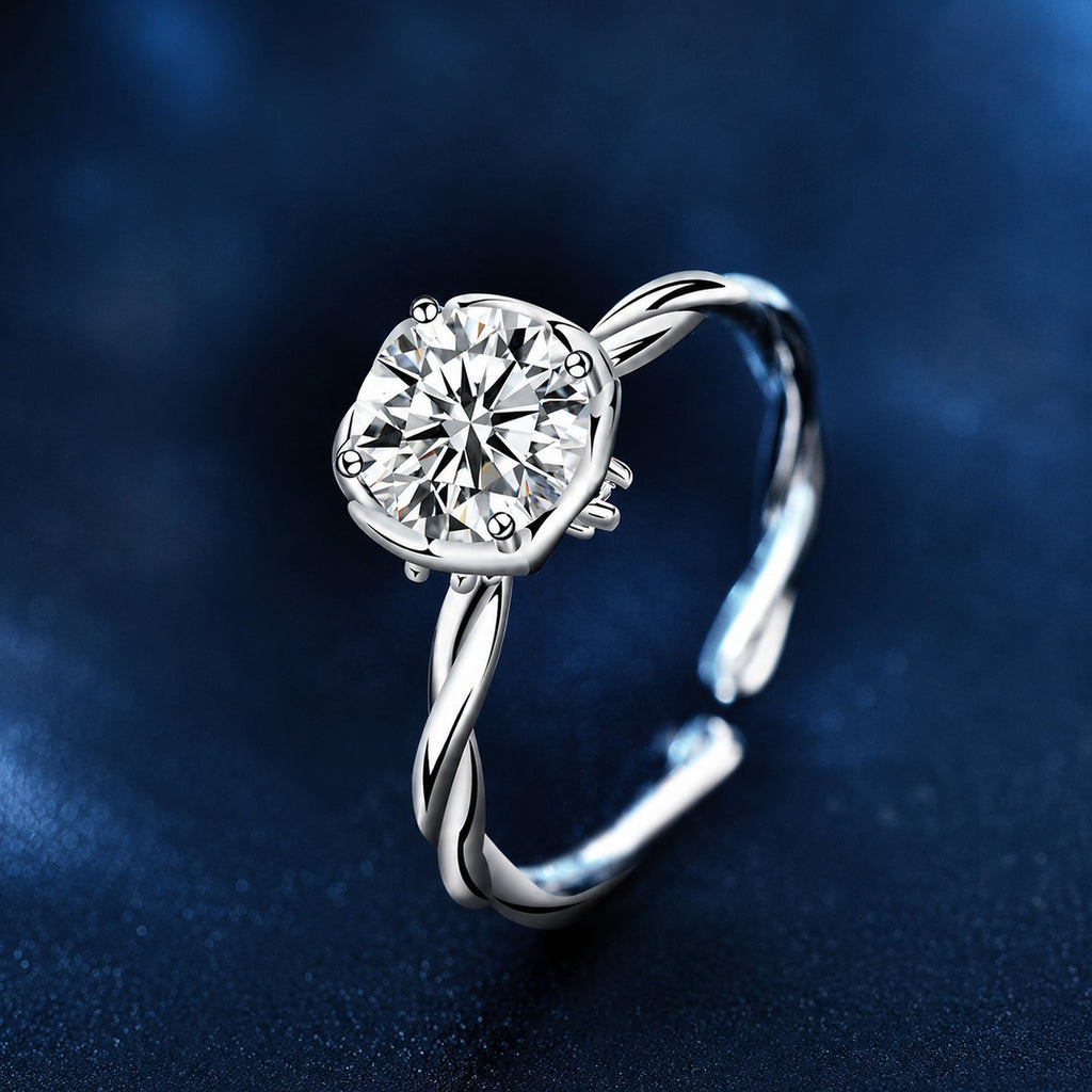 Twist Band Round Moissanite Adjustable Engagement Ring product view showing moissanite setting and metal finish