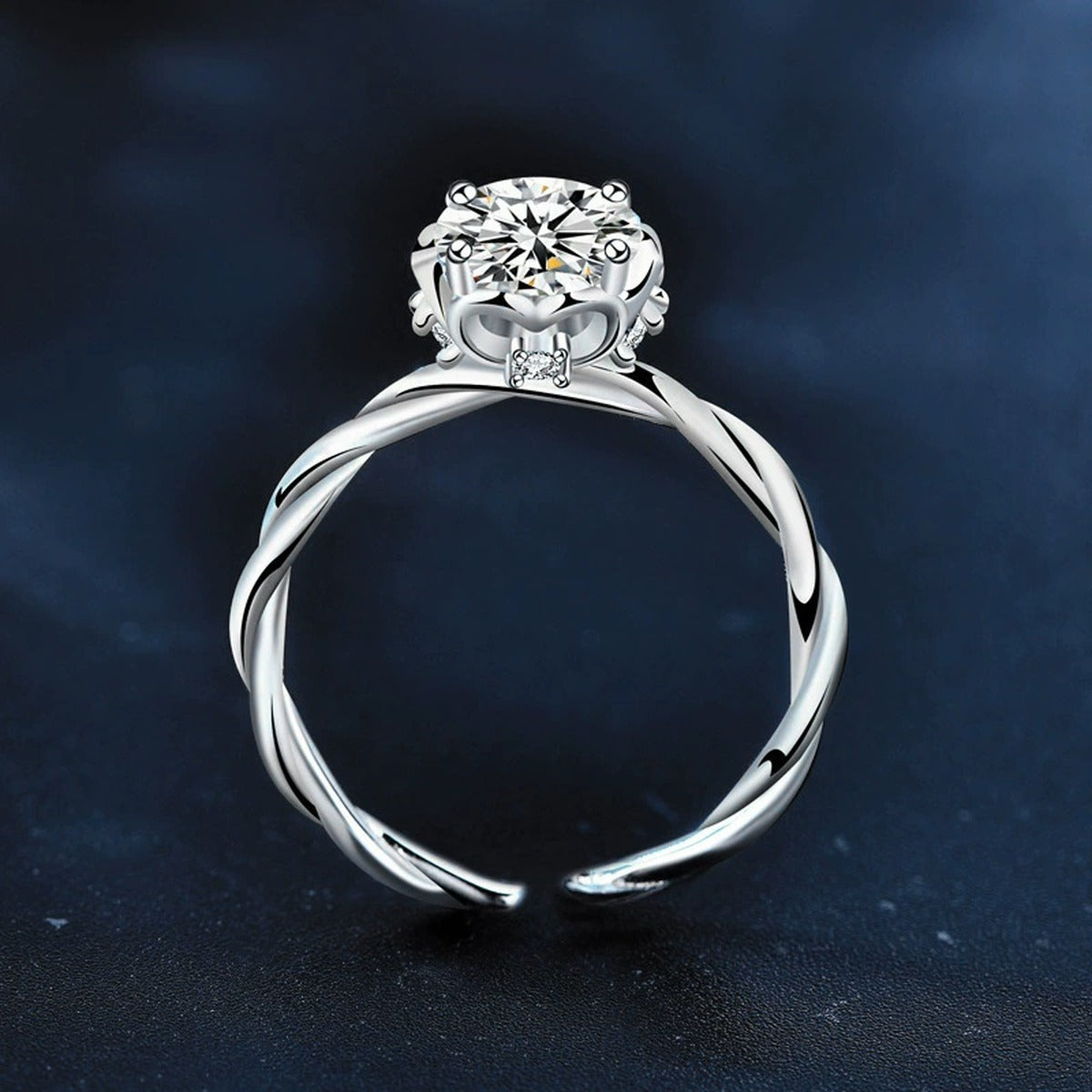 Twist Band Round Moissanite Adjustable Engagement Ring product view showing moissanite setting and metal finish