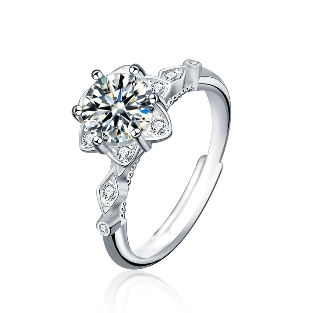 Floral Round Moissanite Adjustable Engagement Ring with CZ in white gold-plated S925 sterling silver on clean white background