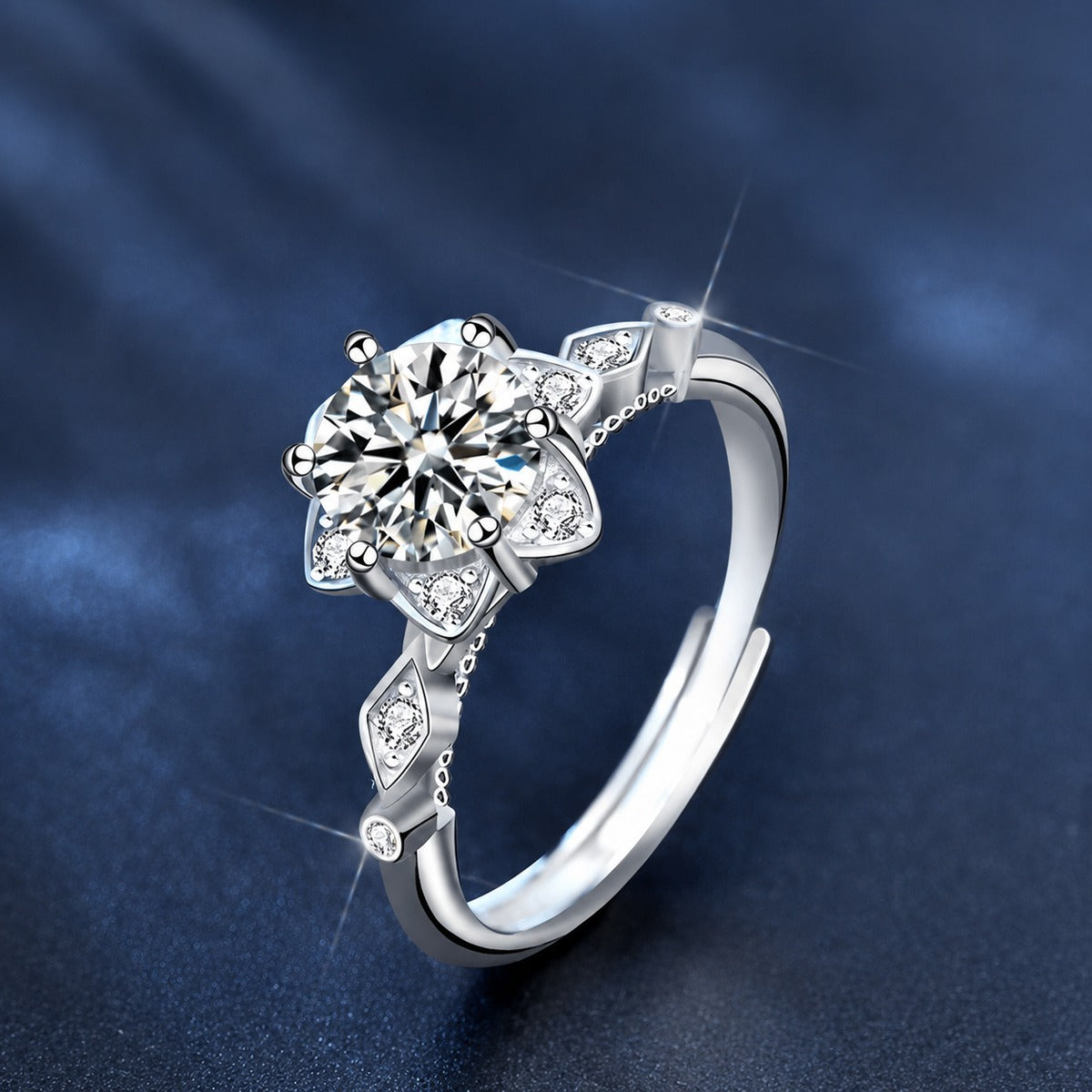 Floral Round Moissanite Adjustable Engagement Ring with CZ product view showing moissanite setting and metal finish