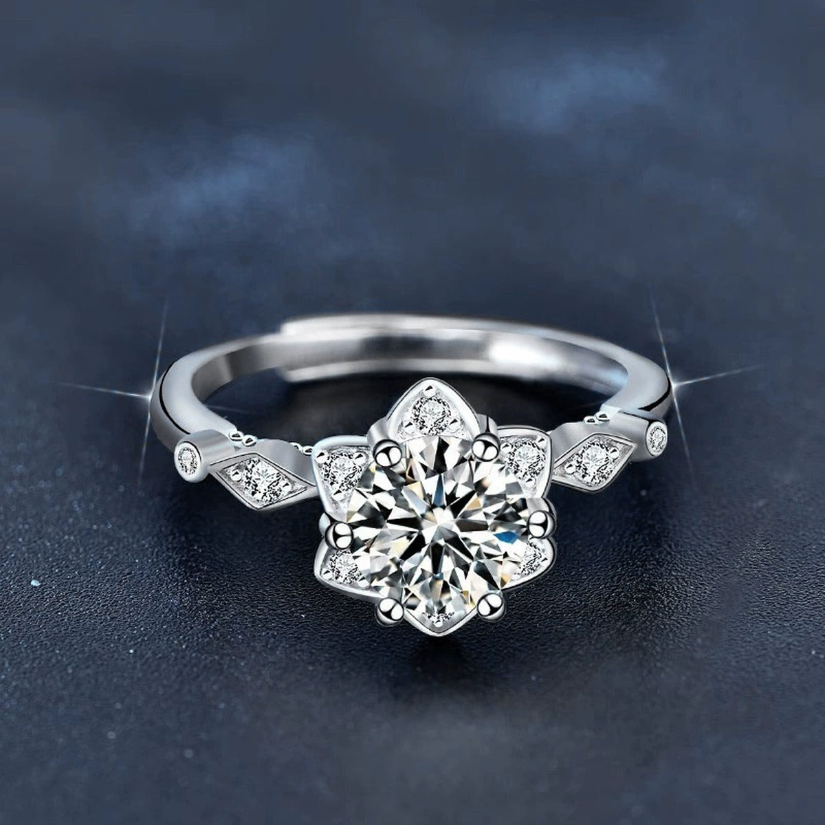 Floral Round Moissanite Adjustable Engagement Ring with CZ product view showing moissanite setting and metal finish