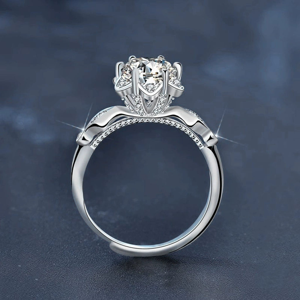 Floral Round Moissanite Adjustable Engagement Ring with CZ product view showing moissanite setting and metal finish