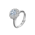 Floral Halo Round Moissanite Adjustable Engagement Ring with CZ in white gold-plated S925 sterling silver on clean white background
