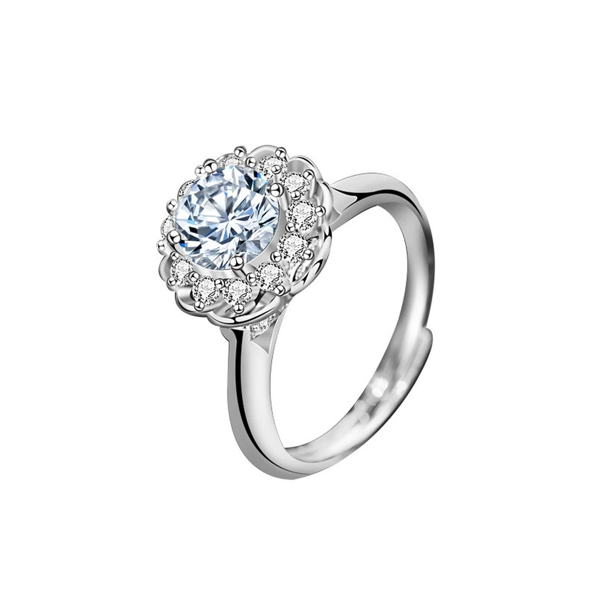 Floral Halo Round Moissanite Adjustable Engagement Ring with CZ in white gold-plated S925 sterling silver on clean white background