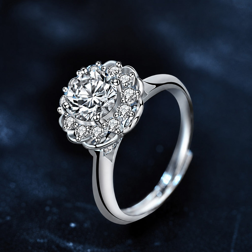 Floral Halo Round Moissanite Adjustable Engagement Ring with CZ product view showing moissanite setting and metal finish