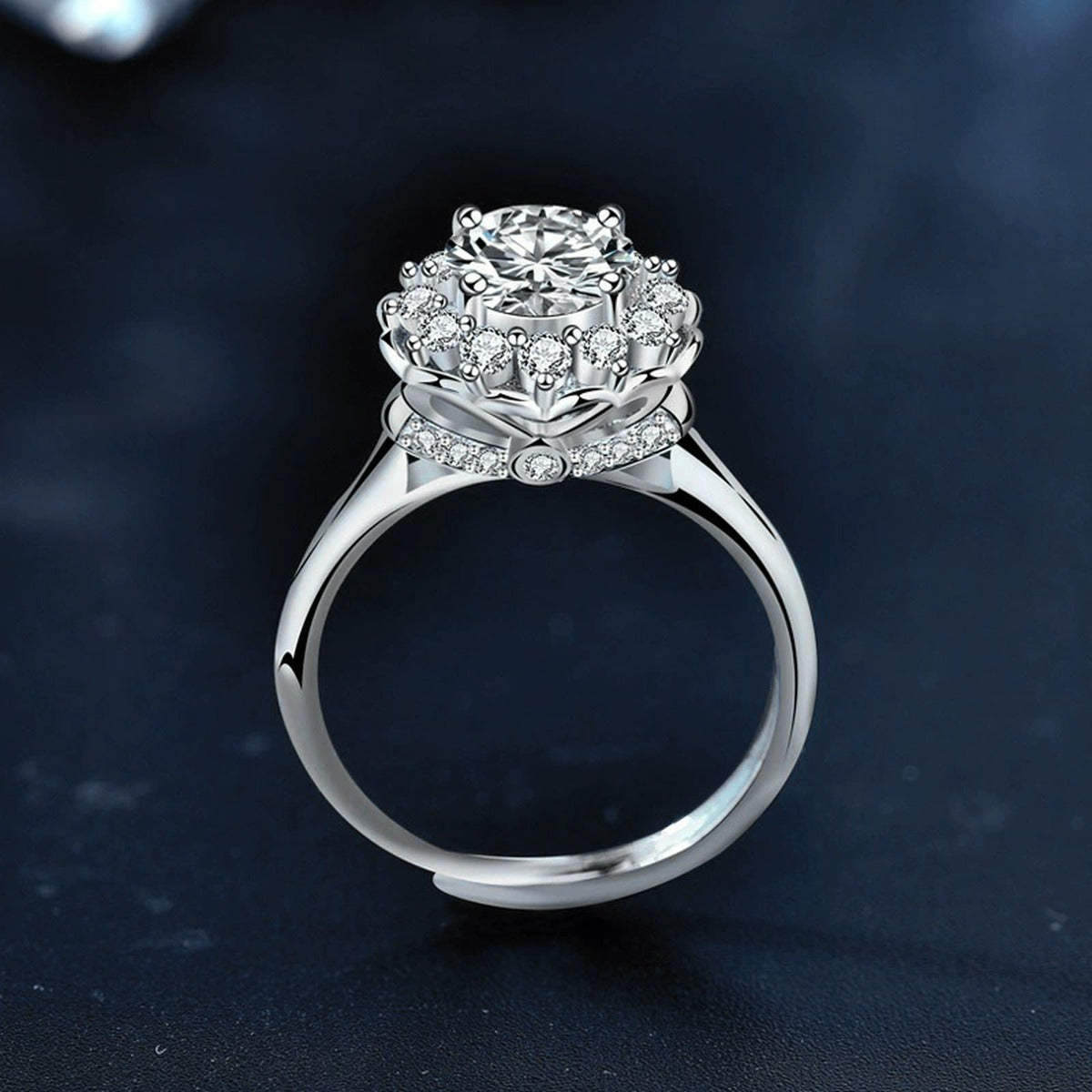 Floral Halo Round Moissanite Adjustable Engagement Ring with CZ product view showing moissanite setting and metal finish