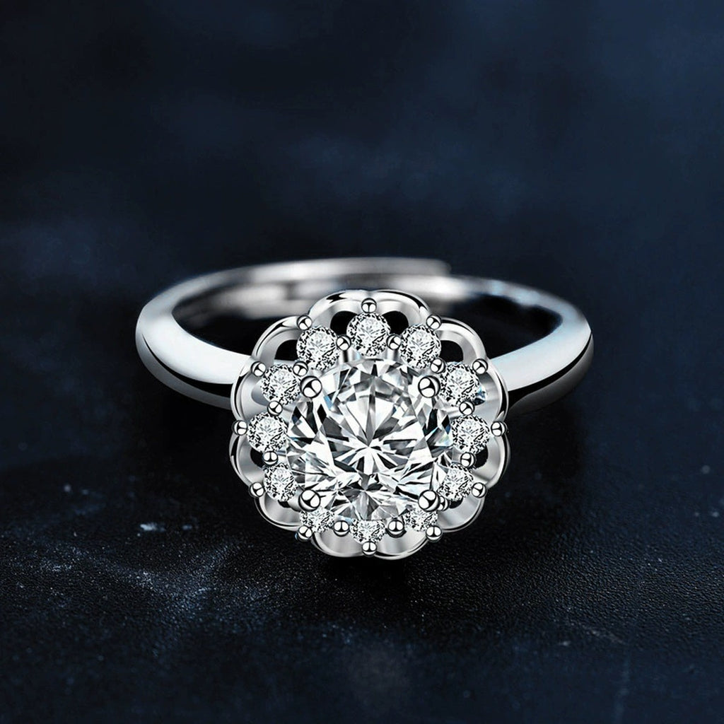 Floral Halo Round Moissanite Adjustable Engagement Ring with CZ product view showing moissanite setting and metal finish