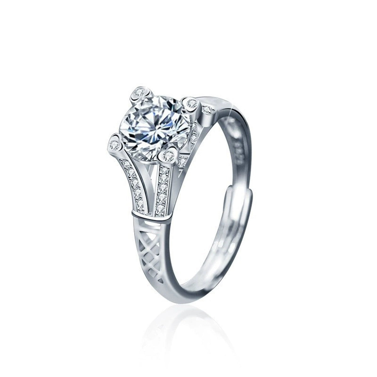 Vintage Round Moissanite Adjustable Engagement Ring with CZ in white gold-plated S925 sterling silver on clean white background
