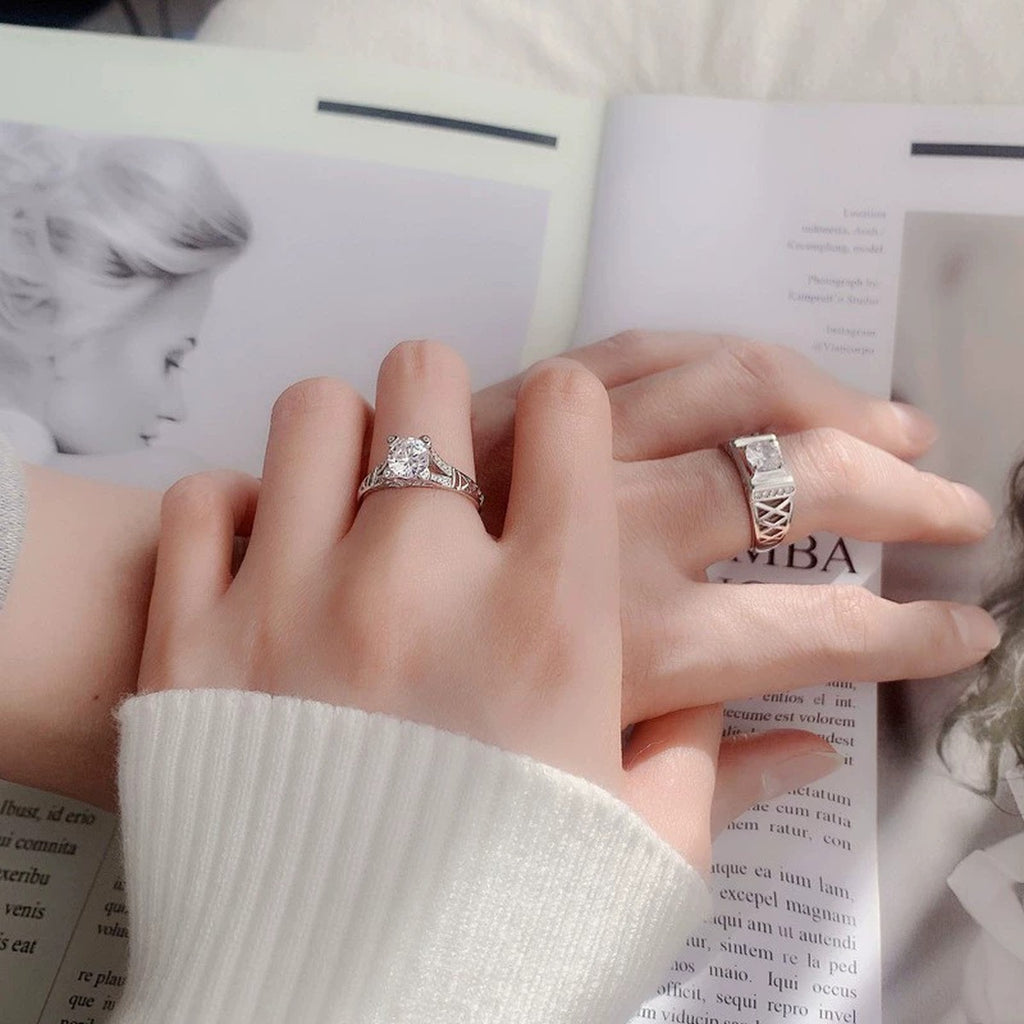 Vintage Round Moissanite Adjustable Engagement Ring with CZ worn on hand to show scale, band width, and ring profile