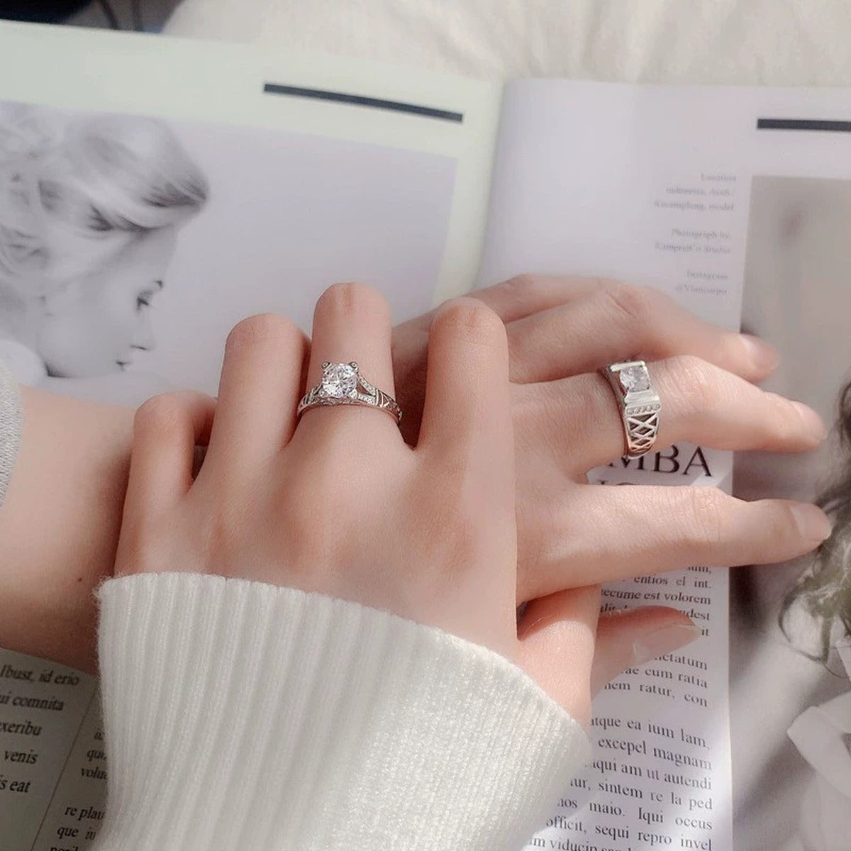 Vintage Round Moissanite Adjustable Engagement Ring with CZ worn on hand to show scale, band width, and ring profile