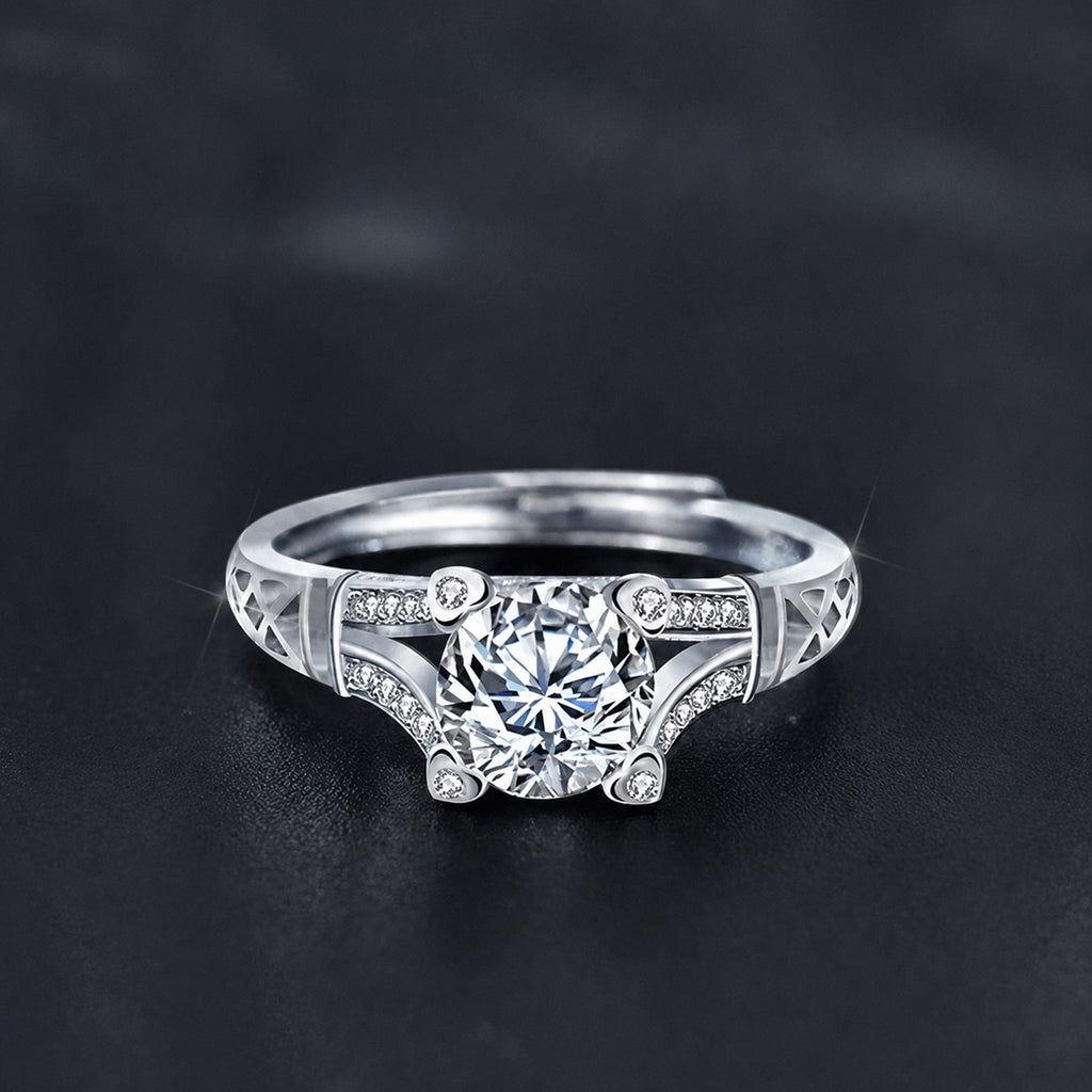 Vintage Round Moissanite Adjustable Engagement Ring with CZ close-up detail view with moissanite sparkle