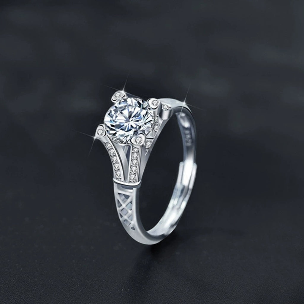 Vintage Round Moissanite Adjustable Engagement Ring with CZ close-up detail view with moissanite sparkle
