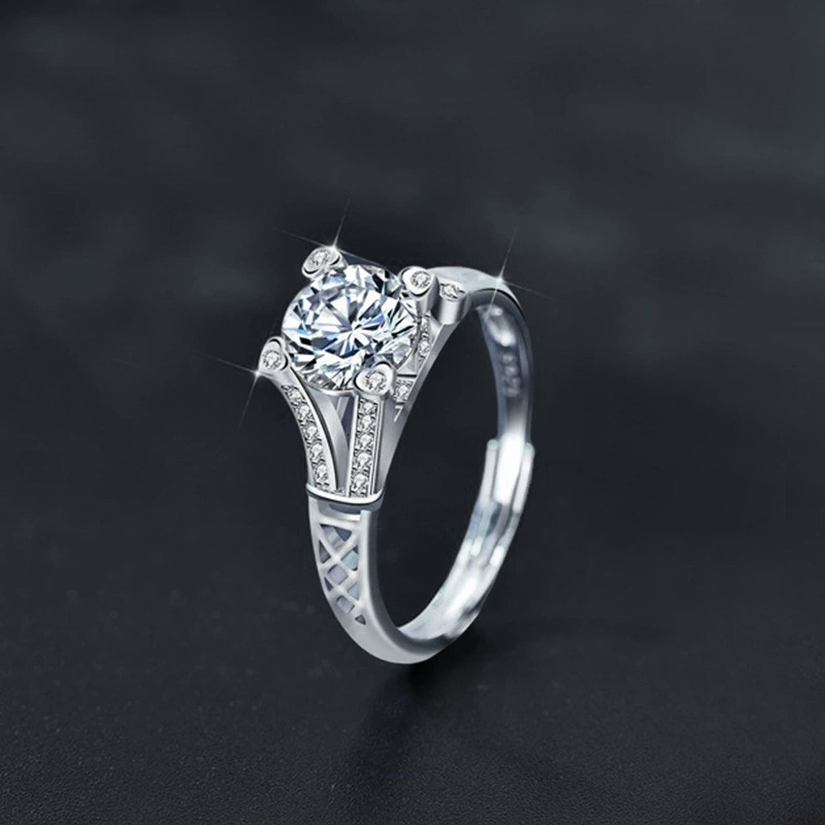 Vintage Round Moissanite Adjustable Engagement Ring with CZ close-up detail view with moissanite sparkle