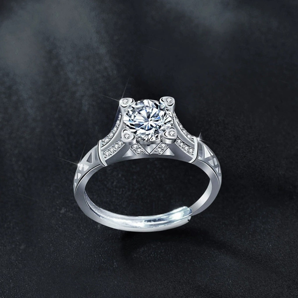 Vintage Round Moissanite Adjustable Engagement Ring with CZ close-up detail view with moissanite sparkle