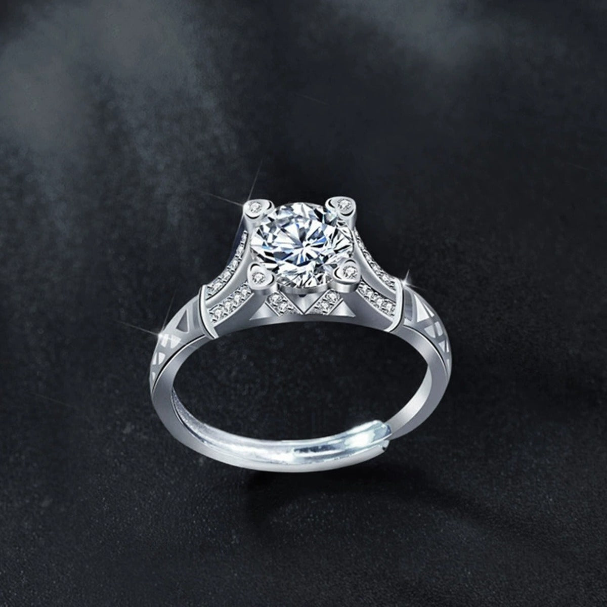 Vintage Round Moissanite Adjustable Engagement Ring with CZ close-up detail view with moissanite sparkle