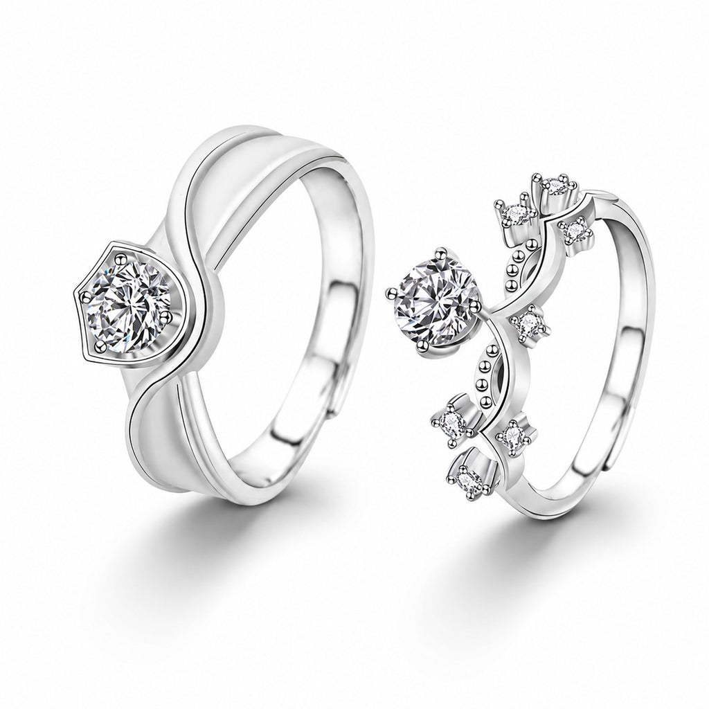 Princess and Knight Couples Round Moissanite Wedding Rings with CZ in gold-plated S925 sterling silver on clean white background