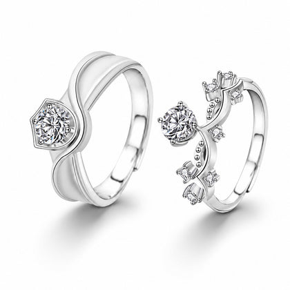 Princess and Knight Couples Round Moissanite Wedding Rings with CZ in gold-plated S925 sterling silver on clean white background