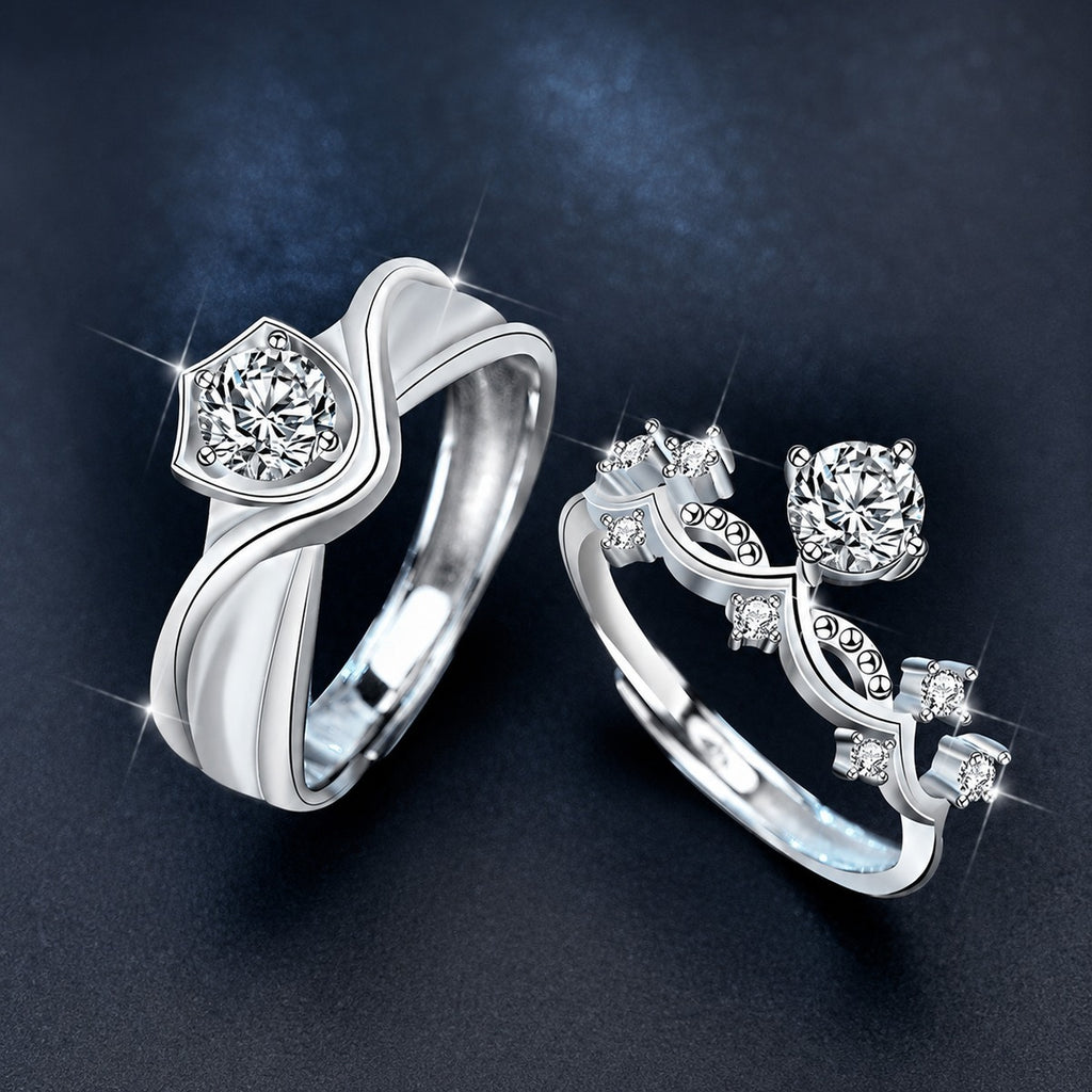 Princess and Knight Couples Round Moissanite Wedding Rings with CZ close-up detail view with moissanite sparkle