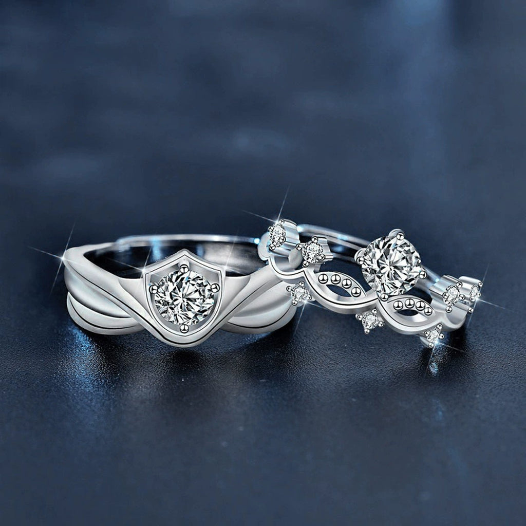 Princess and Knight Couples Round Moissanite Wedding Rings with CZ close-up detail view with moissanite sparkle