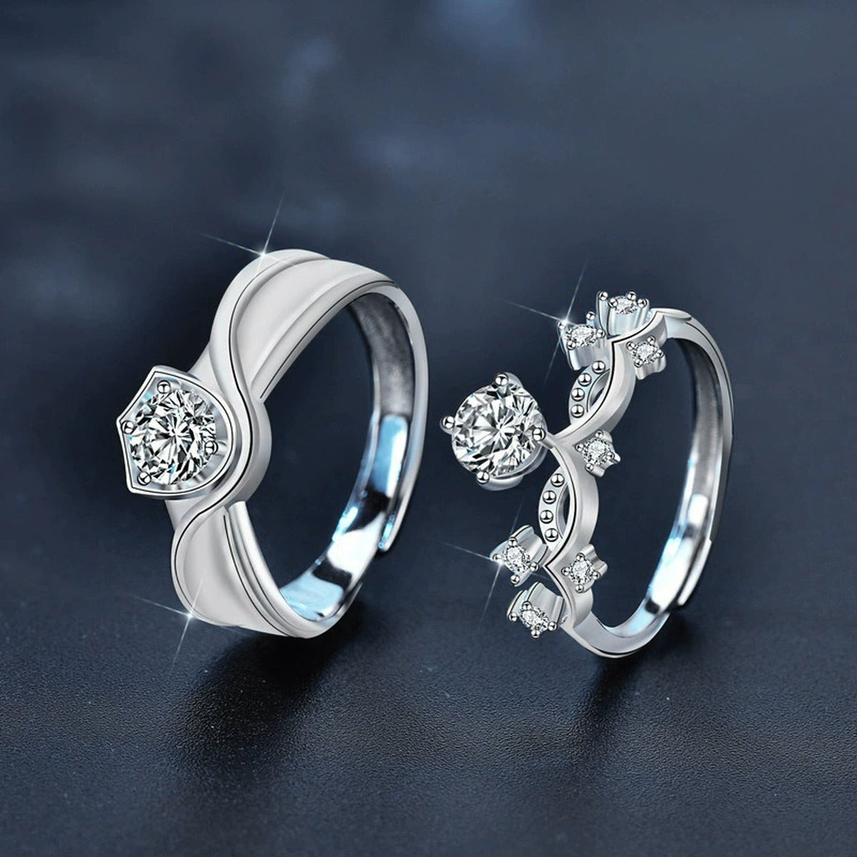 Princess and Knight Couples Round Moissanite Wedding Rings with CZ close-up detail view with moissanite sparkle