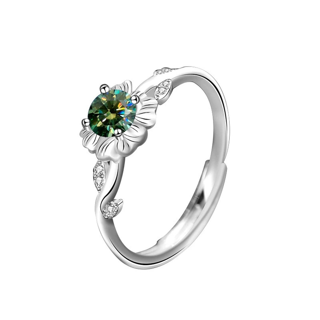Floral Round Moissanite Adjustable Fashion Ring in white gold-plated S925 sterling silver on clean white background