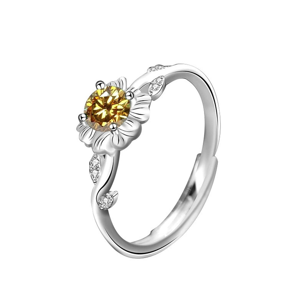 Floral Round Moissanite Adjustable Fashion Ring in white gold-plated S925 sterling silver on clean white background