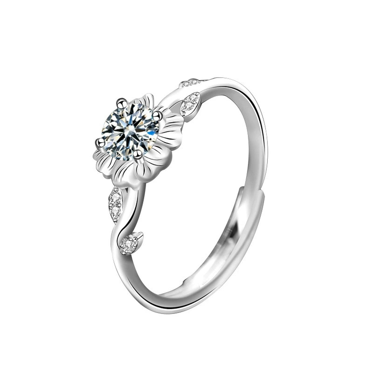 Floral Round Moissanite Adjustable Fashion Ring in white gold-plated S925 sterling silver on clean white background