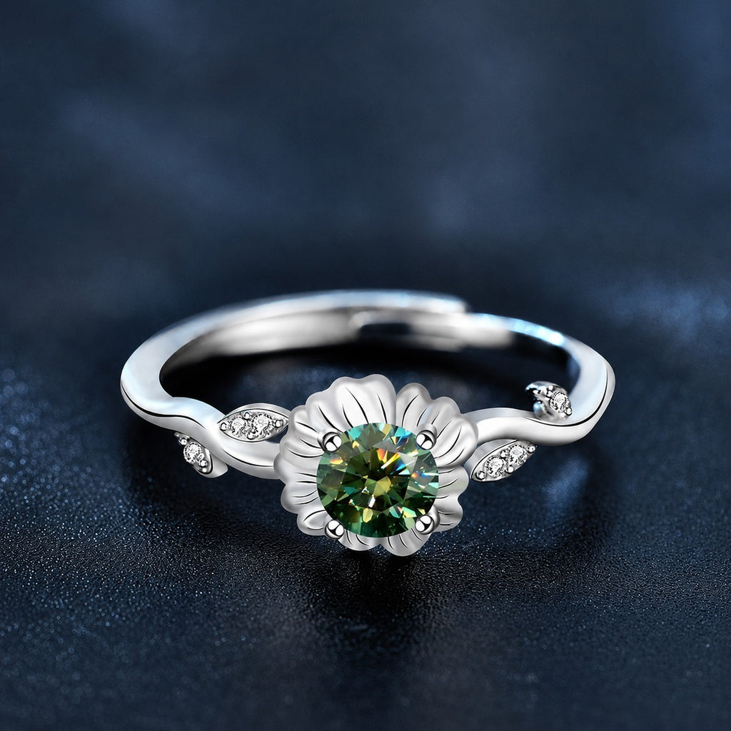 Floral Round Moissanite Adjustable Fashion Ring product view showing moissanite setting and metal finish