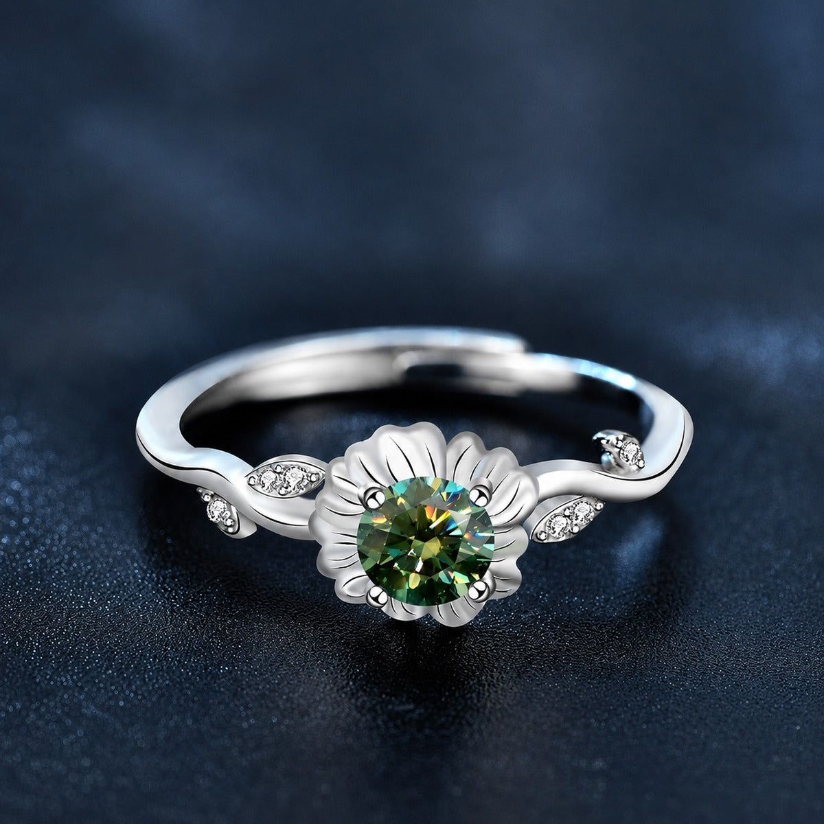 Floral Round Moissanite Adjustable Fashion Ring product view showing moissanite setting and metal finish