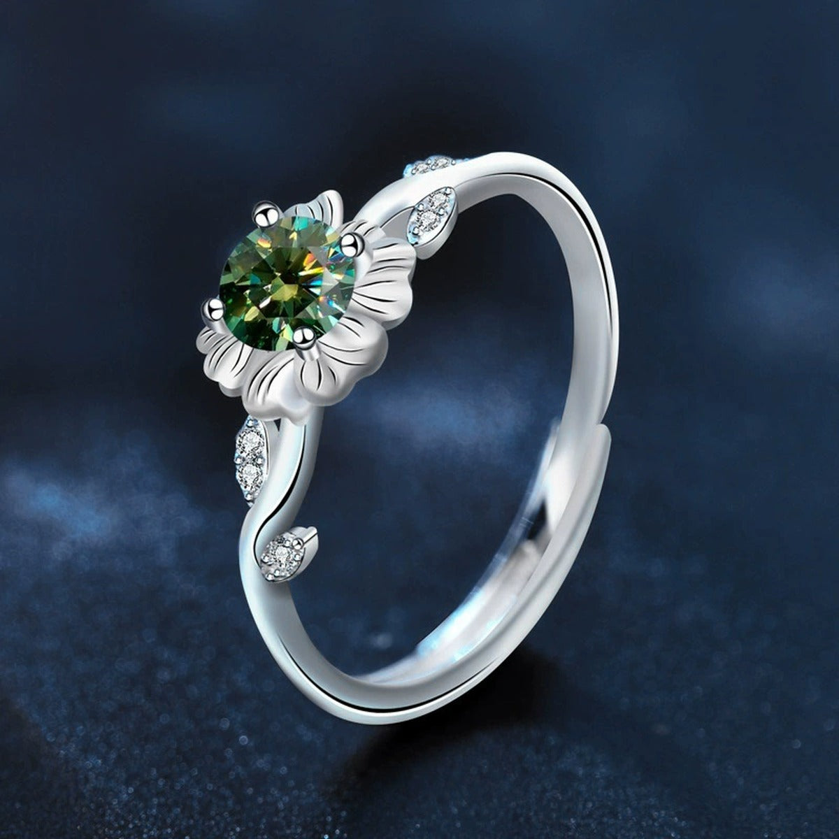 Floral Round Moissanite Adjustable Fashion Ring product view showing moissanite setting and metal finish