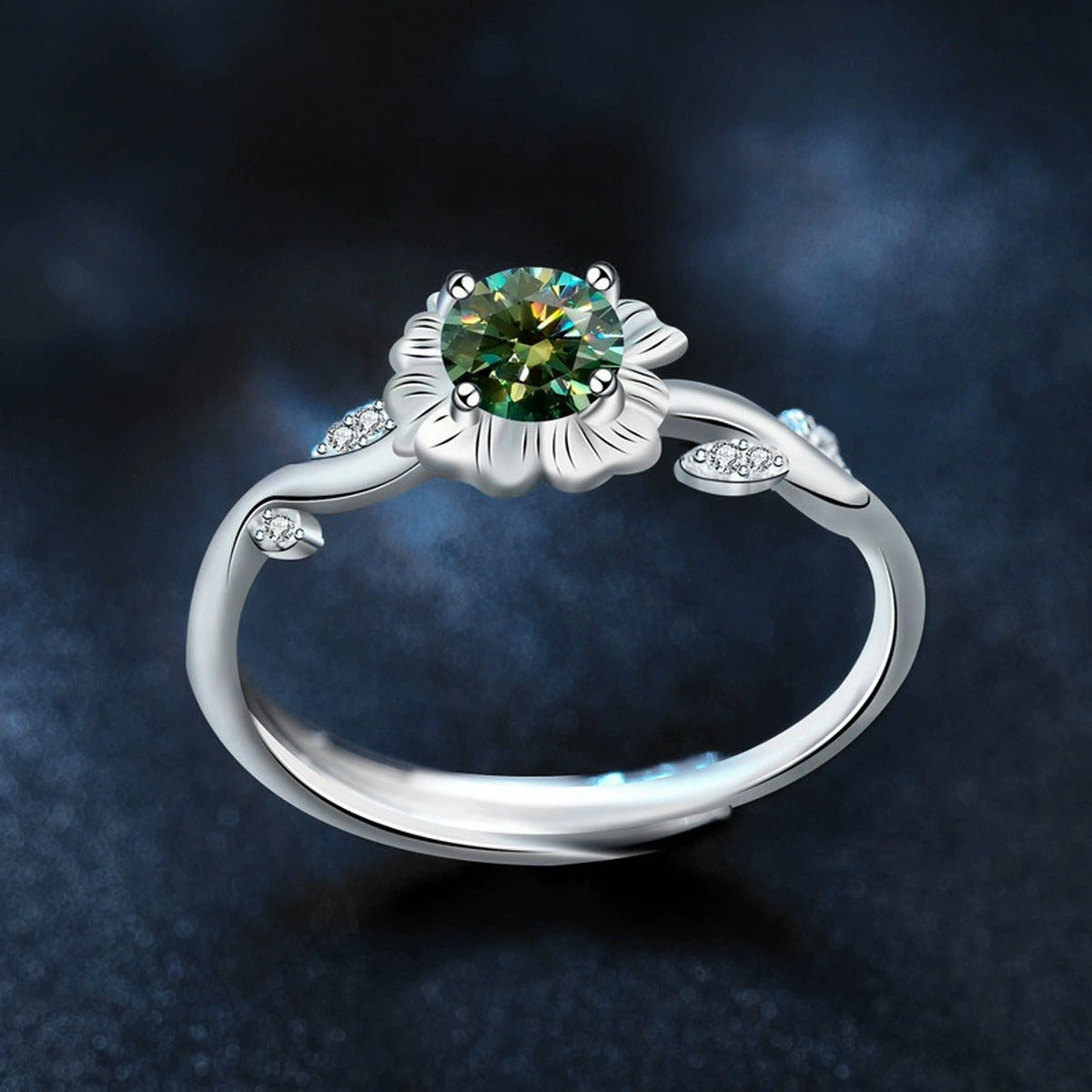 Floral Round Moissanite Adjustable Fashion Ring product view showing moissanite setting and metal finish