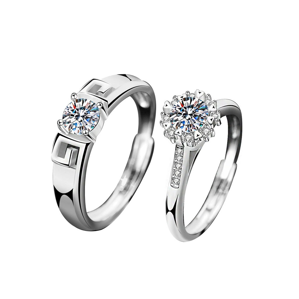Greek Key Couples Round Moissanite Wedding Rings with CZ in gold-plated S925 sterling silver on clean white background