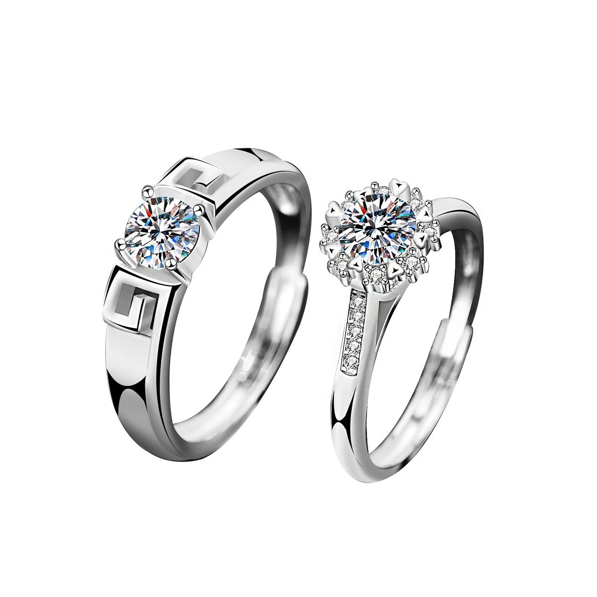 Greek Key Couples Round Moissanite Wedding Rings with CZ in gold-plated S925 sterling silver on clean white background