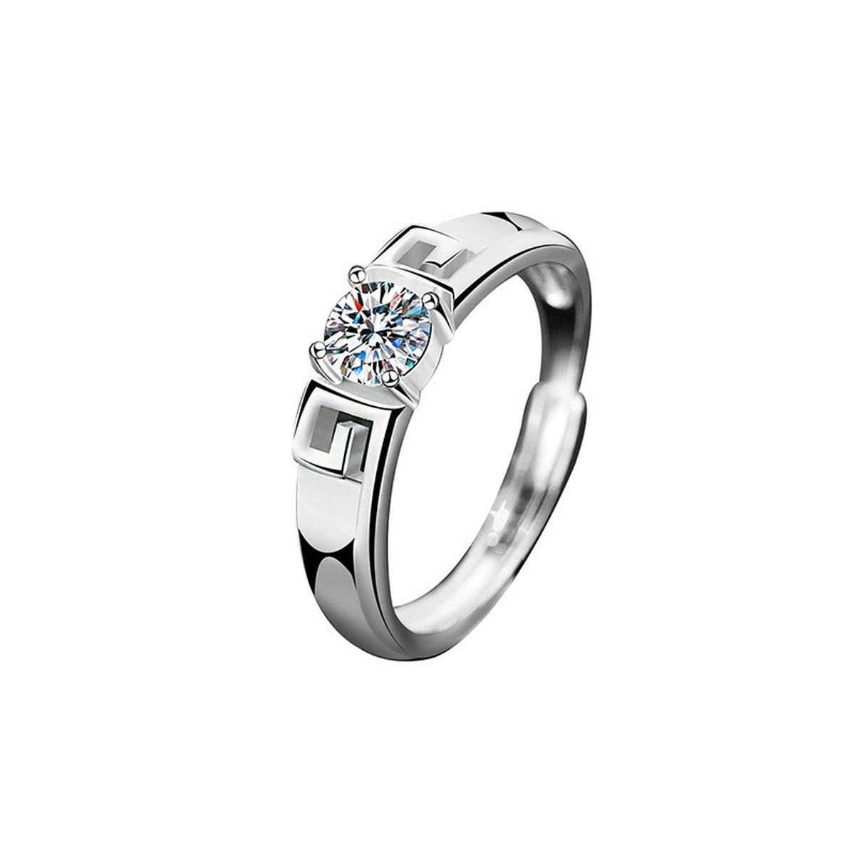 Greek Key Couples Round Moissanite Wedding Rings with CZ in gold-plated S925 sterling silver on clean white background
