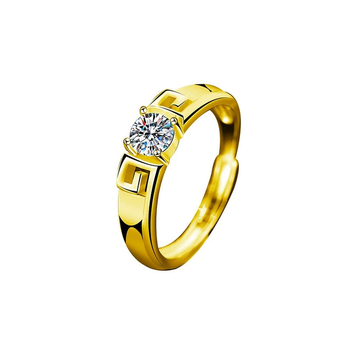 Greek Key Couples Round Moissanite Wedding Rings with CZ in gold-plated S925 sterling silver on clean white background