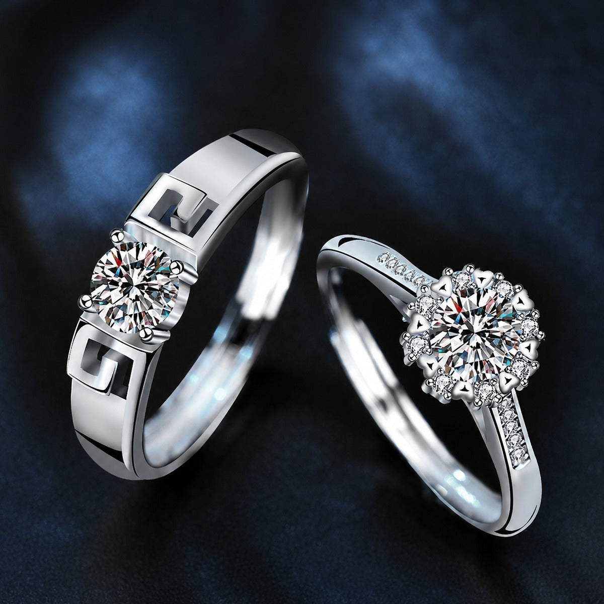Greek Key Couples Round Moissanite Wedding Rings with CZ close-up detail view with moissanite sparkle