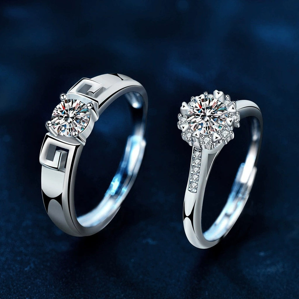 Greek Key Couples Round Moissanite Wedding Rings with CZ close-up detail view with moissanite sparkle