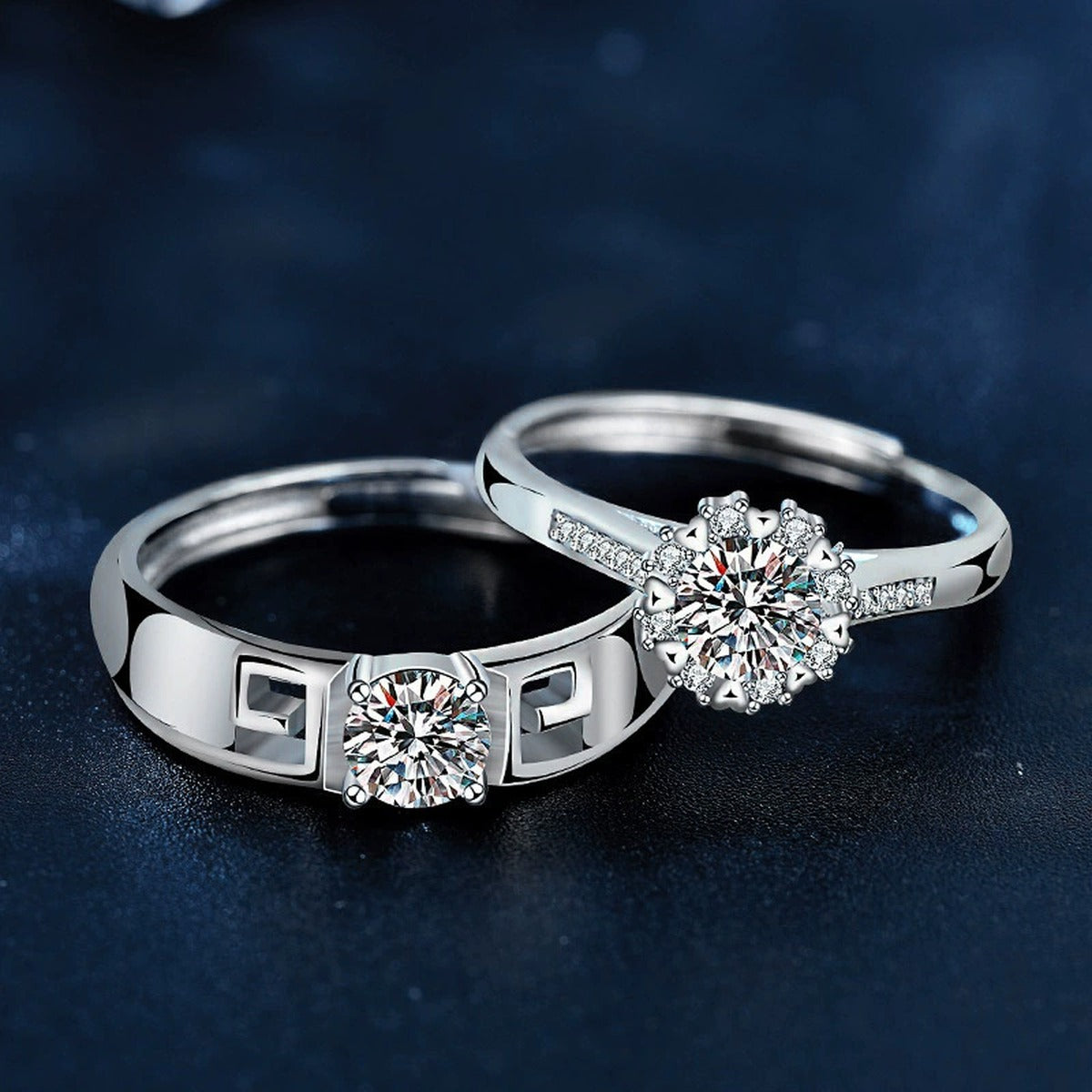Greek Key Couples Round Moissanite Wedding Rings with CZ close-up detail view with moissanite sparkle