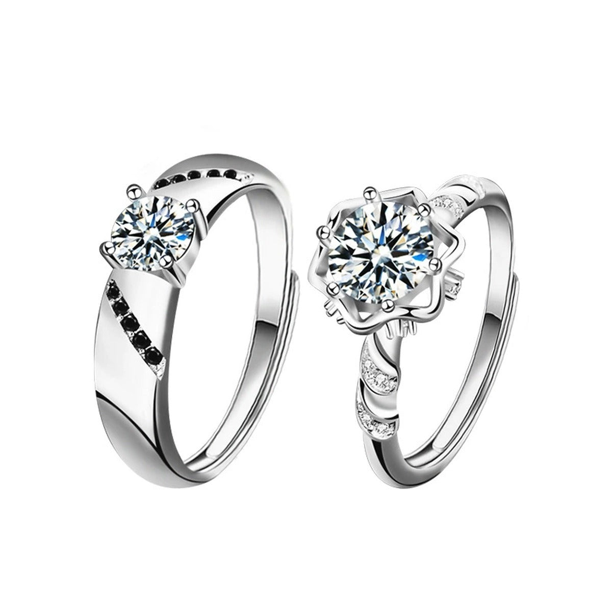 Two-Style Couples Round Moissanite Wedding Rings with CZ in gold-plated S925 sterling silver on clean white background