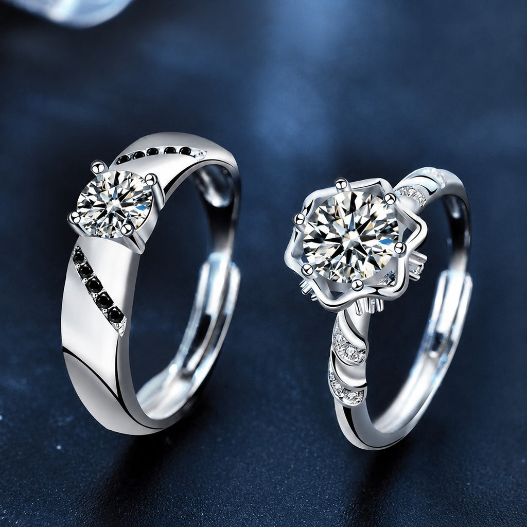 Two-Style Couples Round Moissanite Wedding Rings with CZ close-up detail view with moissanite sparkle