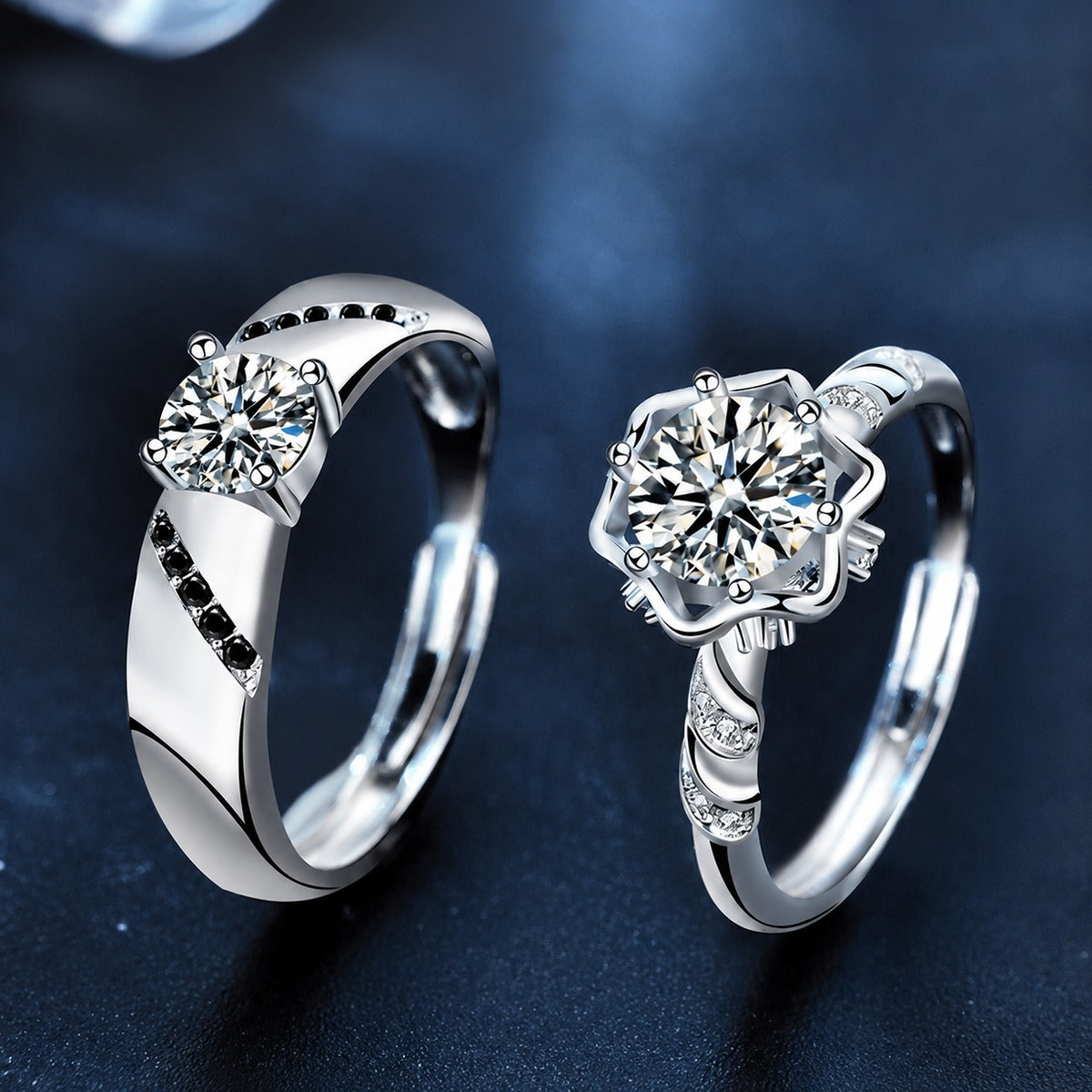 Two-Style Couples Round Moissanite Wedding Rings with CZ close-up detail view with moissanite sparkle