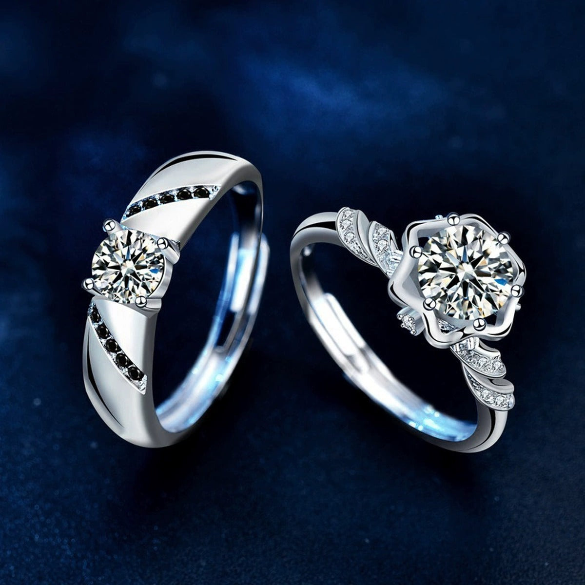 Two-Style Couples Round Moissanite Wedding Rings with CZ close-up detail view with moissanite sparkle
