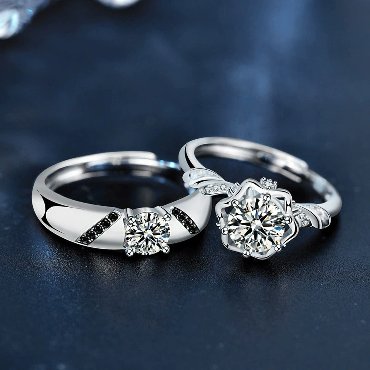 Two-Style Couples Round Moissanite Wedding Rings with CZ close-up detail view with moissanite sparkle